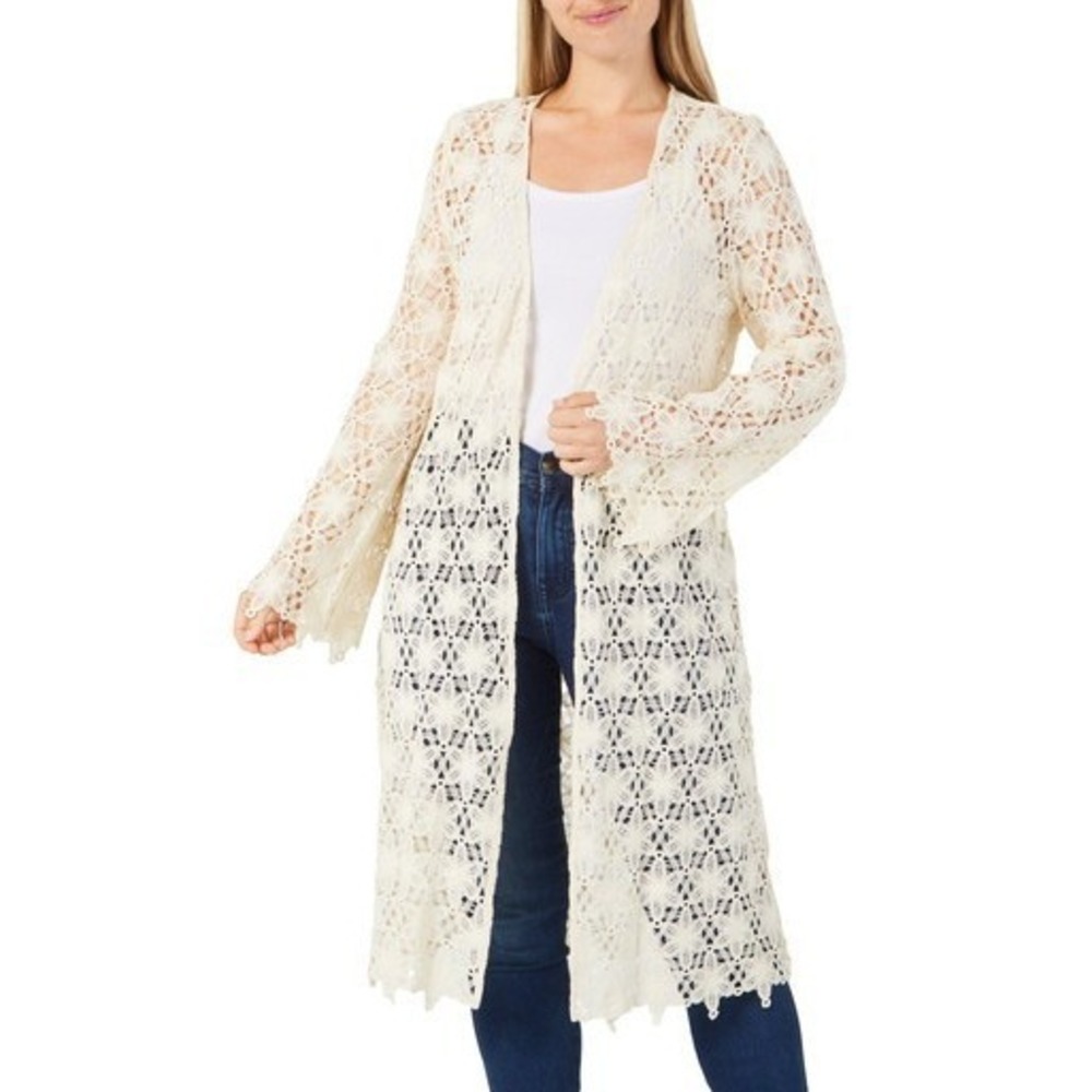 Miss Me Kimono Cardigan Top Beige Crochet Knit Small Long Sleeve Boho Hippie NWT